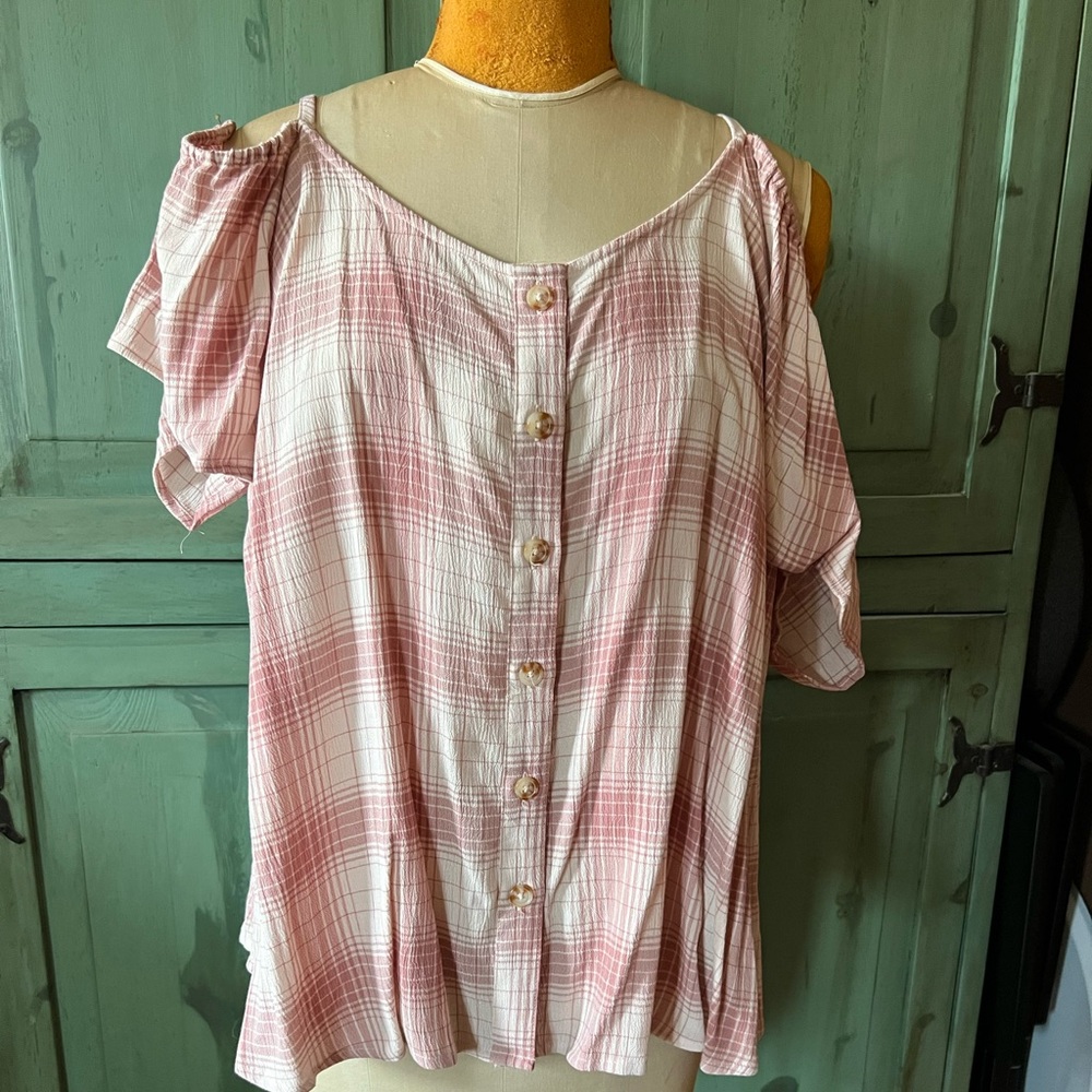 Plaid cold shoulder button top